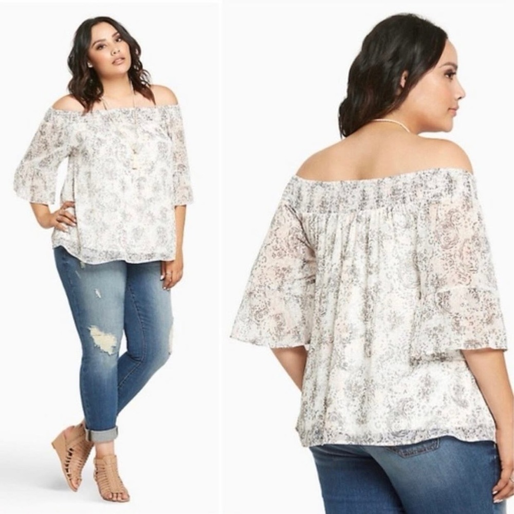 Torrid Paisley Print Off-the-Shoulder Chiffon Top White/Grey/Pink Women’s‎ Sz 3X